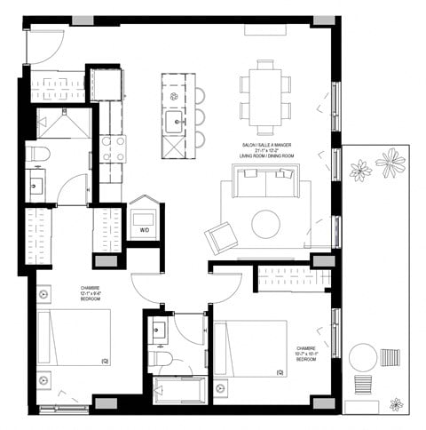 Floor plan for 2 beds, 2 baths, 987 sqft